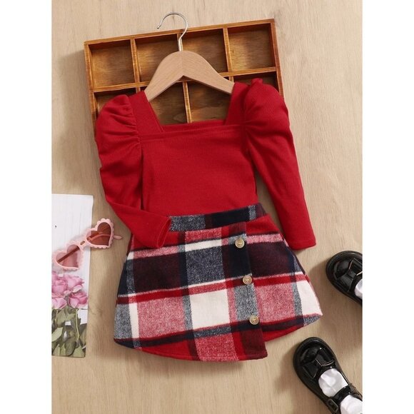 NWT SHEIN Baby Gigot Sleeve Top & Plaid Print‎ Asymmetrical Hem Skirt Size 2-3Y - Picture 5 of 7